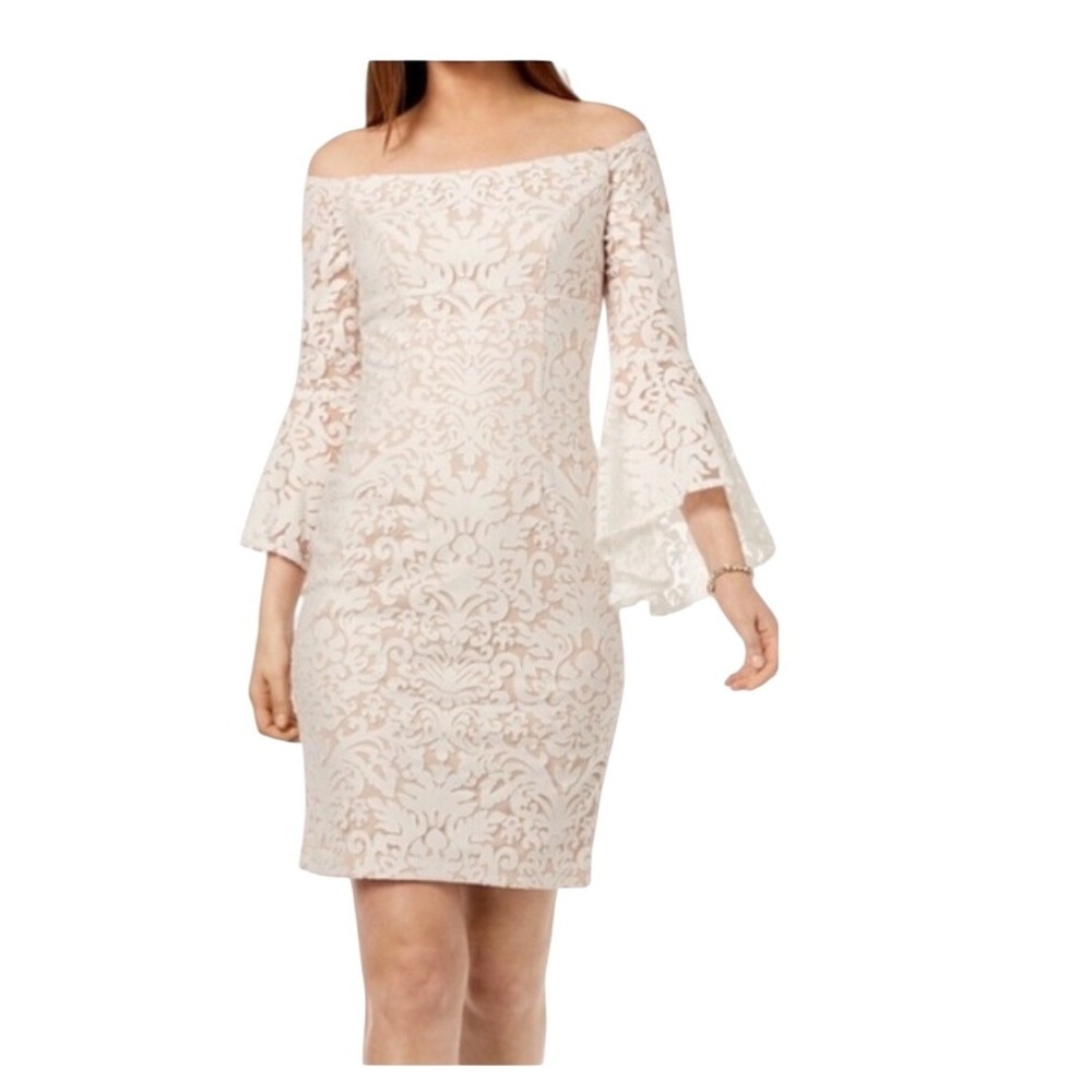 XSCAPE Lace Sheath Dress Womens 12 White NudeOff-Shoulder Bell Sleeve